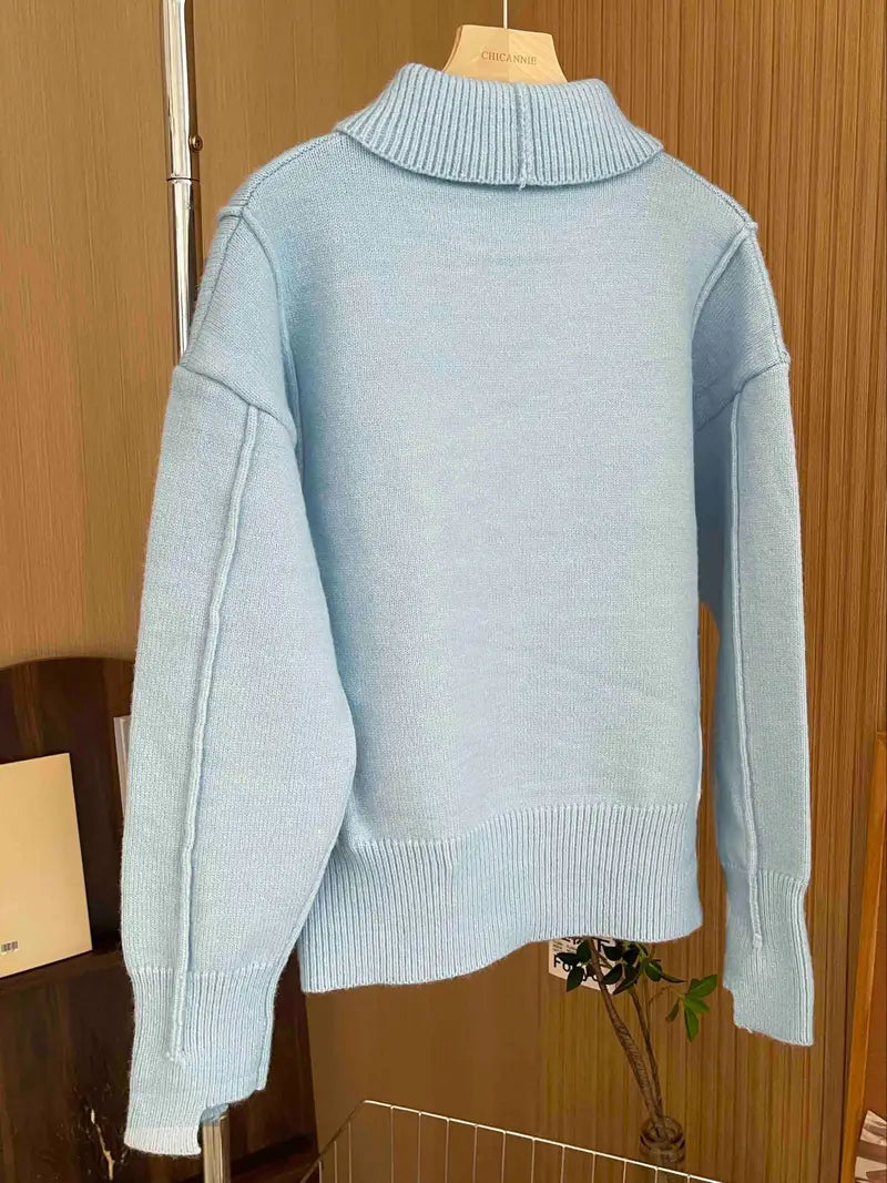 Women's Knitted Sweater with Stand-Up Collar and Relaxed Fit