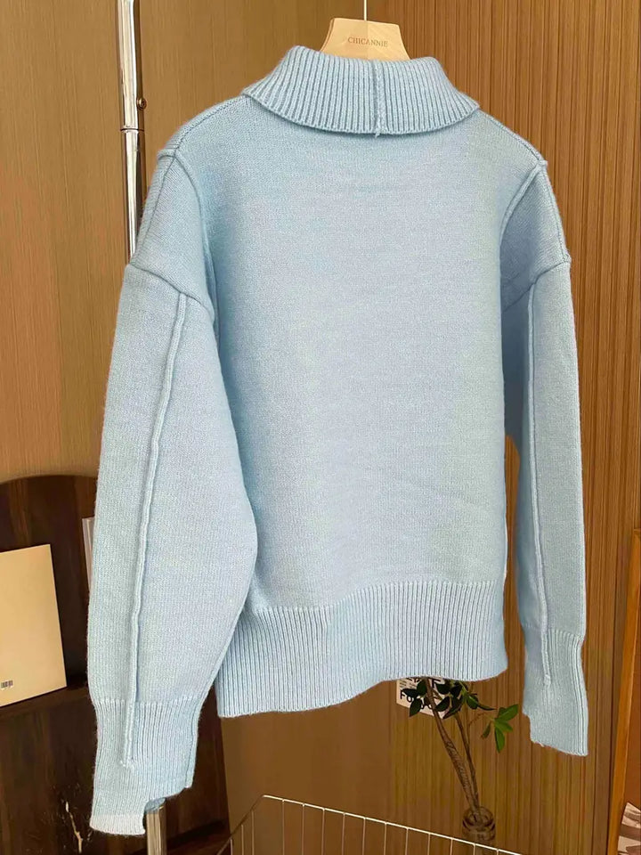 Women's Knitted Sweater with Stand-Up Collar and Relaxed Fit