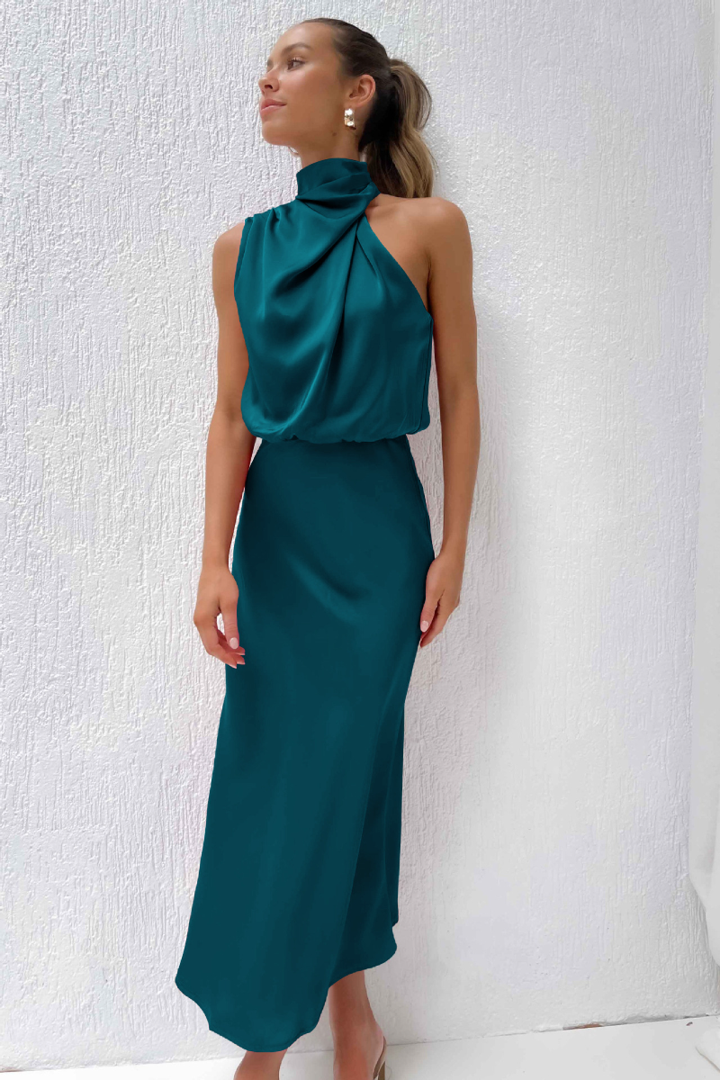 Women's Elegant Asymmetrical Midi Dress with Round Neckline-The Yellow Prime