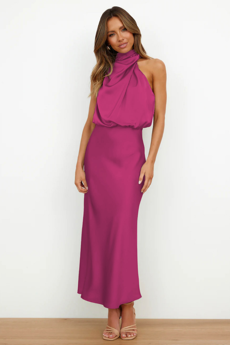 Women's Elegant Asymmetrical Midi Dress with Round Neckline-The Yellow Prime