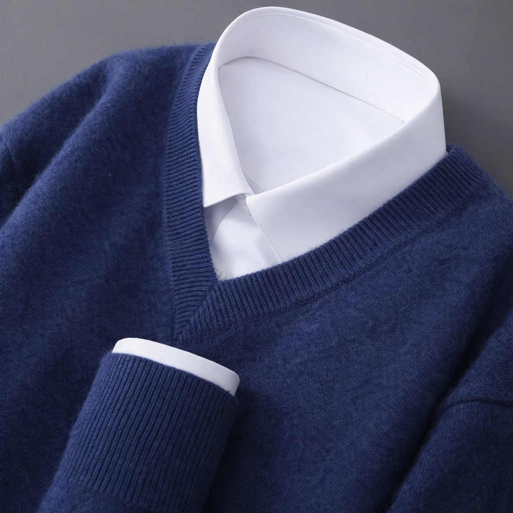 Ribstrikket sweater med V-hals i uldblanding til mænd