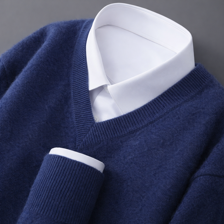 Ribstrikket sweater med V-hals i uldblanding til mænd