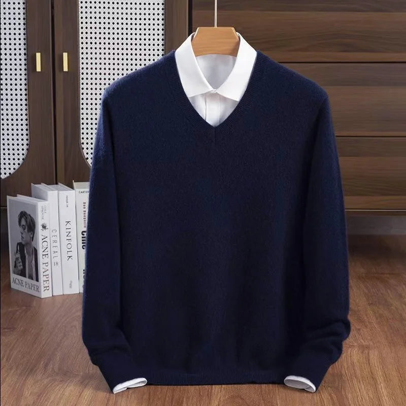 Ribstrikket sweater med V-hals i uldblanding til mænd