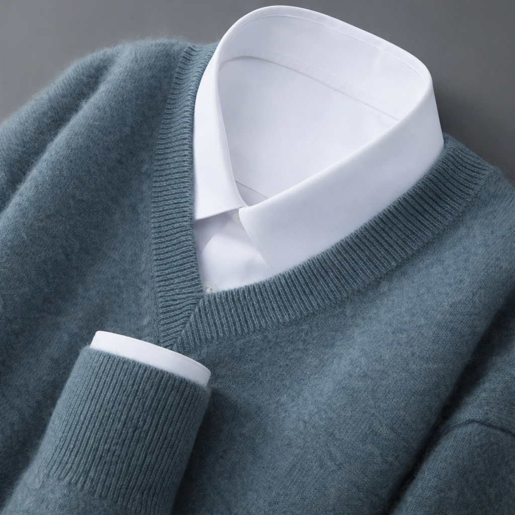 Ribstrikket sweater med V-hals i uldblanding til mænd