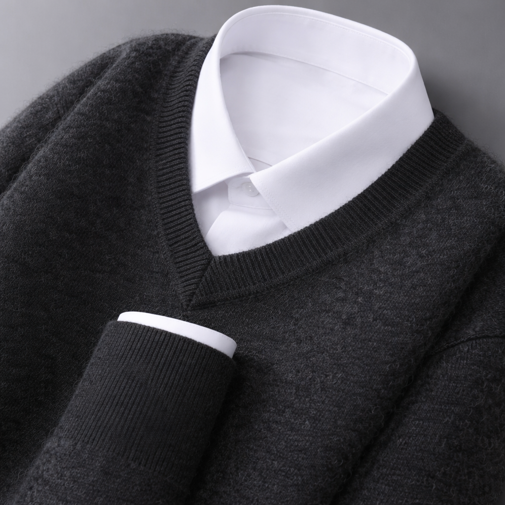 Ribstrikket sweater med V-hals i uldblanding til mænd
