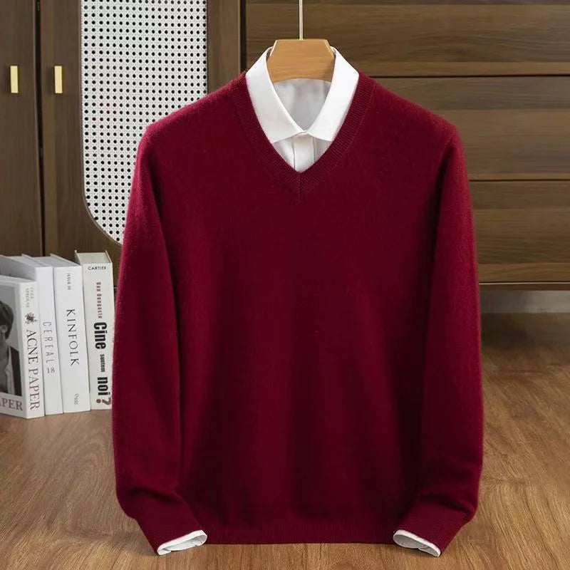 Ribstrikket sweater med V-hals i uldblanding til mænd