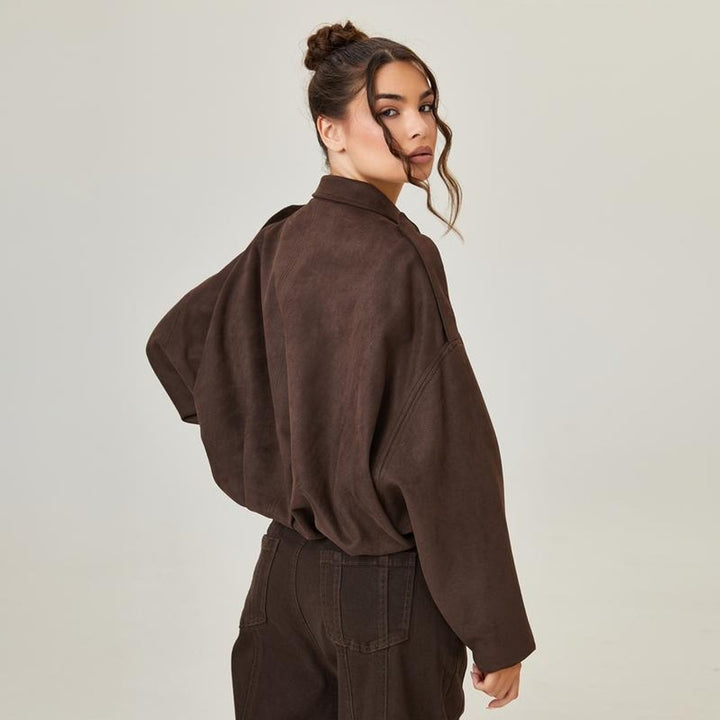 Women's Relaxed Fit Faux Suede Bomber Jacket for Stylish Comfort