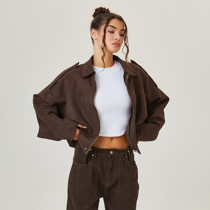 Women's Relaxed Fit Faux Suede Bomber Jacket for Stylish Comfort