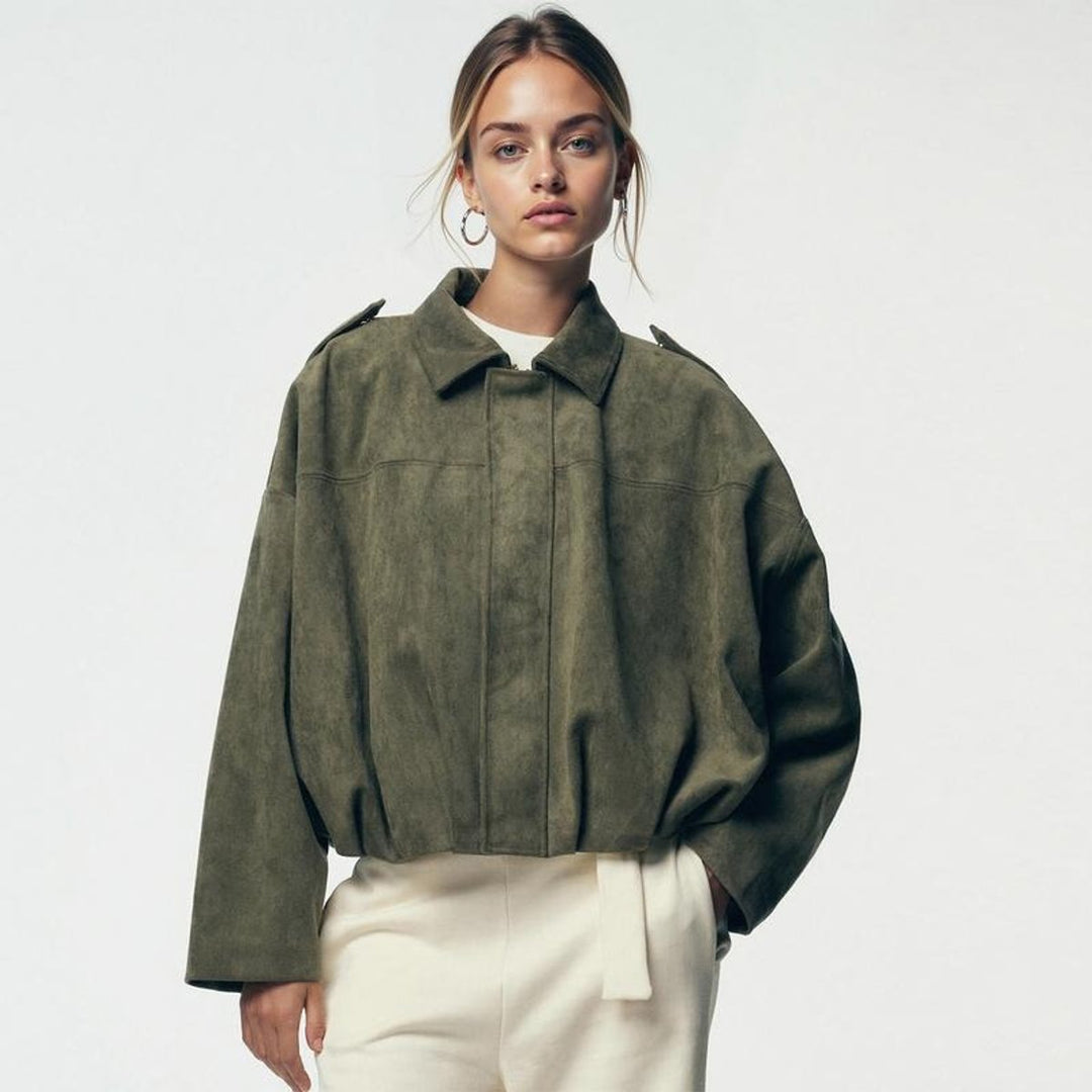 Women's Relaxed Fit Faux Suede Bomber Jacket for Stylish Comfort