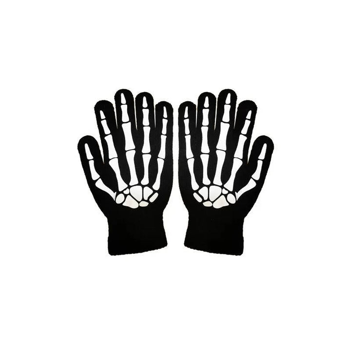 Disfraz de Halloween de la Parca con ojos brillantes y guantes de esqueleto