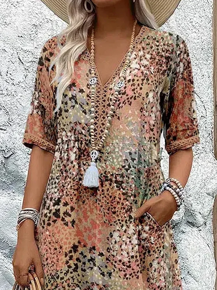 Emily | Women's Summer Dress - V-Neck, Allover Pattern, Knee-Length, Comfortable-The Yellow Prime