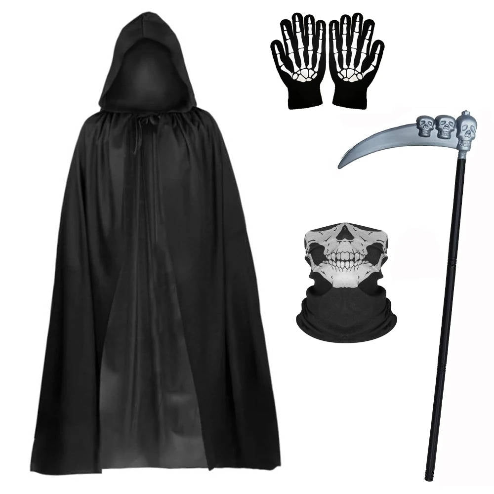Disfraz de Halloween de la Parca con ojos brillantes y guantes de esqueleto