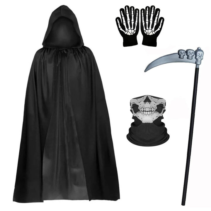 Disfraz de Halloween de la Parca con ojos brillantes y guantes de esqueleto