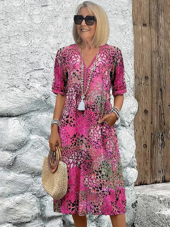 Emily | Women's Summer Dress - V-Neck, Allover Pattern, Knee-Length, Comfortable-The Yellow Prime