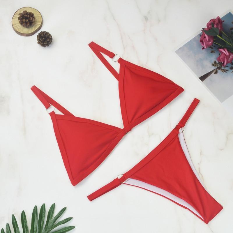 Women's Two-Piece Bikini Swimsuit with Gold Metal Rings and Triangle Cups-The Yellow Prime