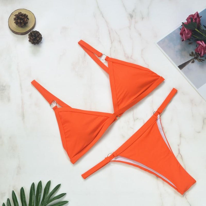 Women's Two-Piece Bikini Swimsuit with Gold Metal Rings and Triangle Cups-The Yellow Prime