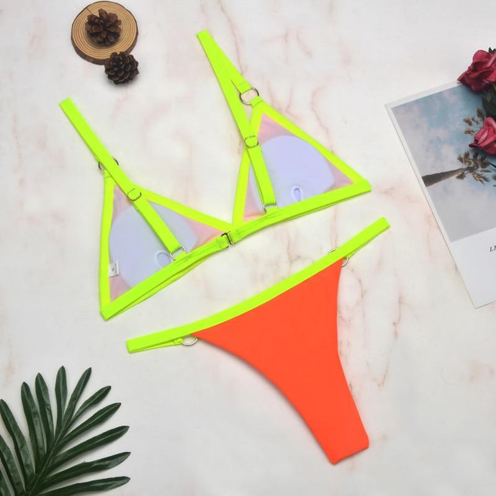Women's Two-Piece Bikini Swimsuit with Gold Metal Rings and Triangle Cups-The Yellow Prime