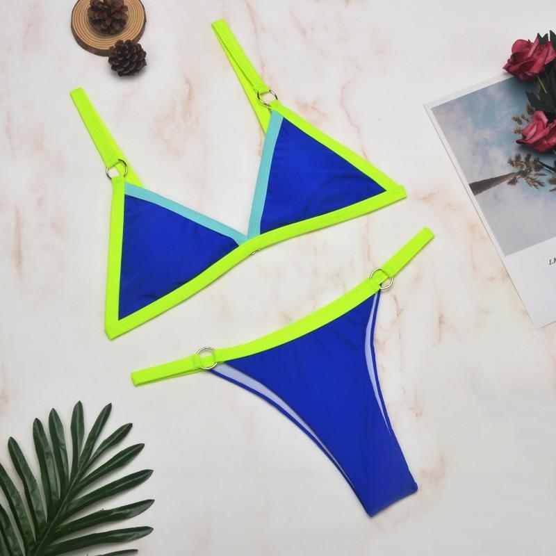 Women's Two-Piece Bikini Swimsuit with Gold Metal Rings and Triangle Cups-The Yellow Prime
