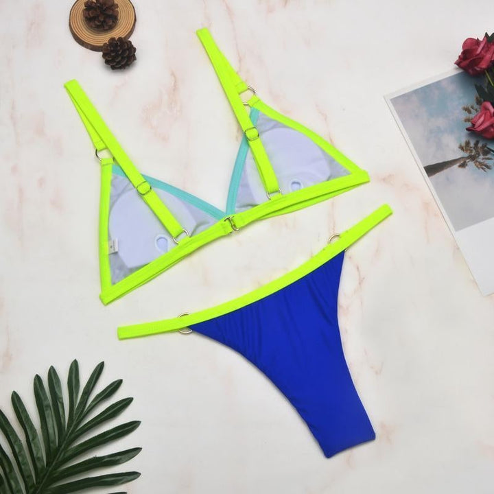 Women's Two-Piece Bikini Swimsuit with Gold Metal Rings and Triangle Cups-The Yellow Prime