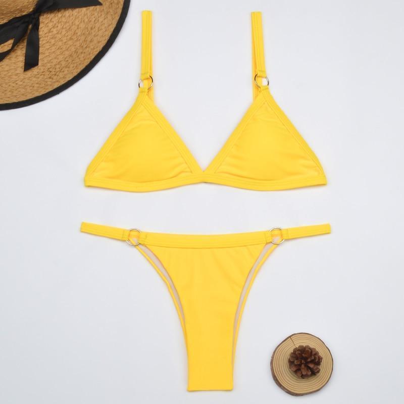 Women's Two-Piece Bikini Swimsuit with Gold Metal Rings and Triangle Cups-The Yellow Prime