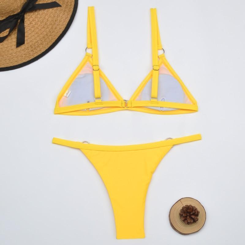 Women's Two-Piece Bikini Swimsuit with Gold Metal Rings and Triangle Cups-The Yellow Prime