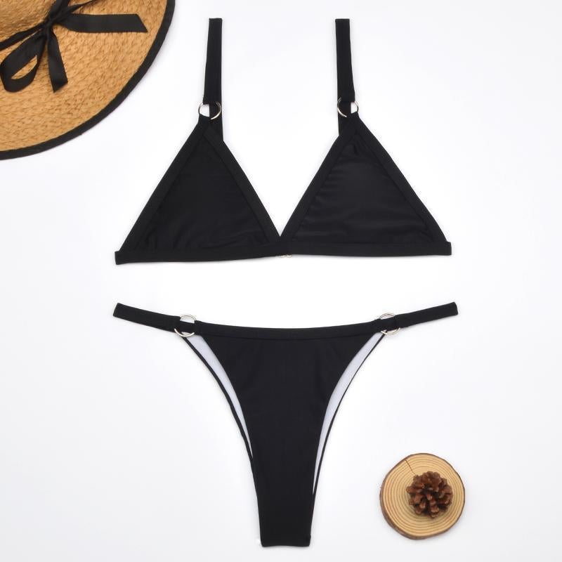 Women's Two-Piece Bikini Swimsuit with Gold Metal Rings and Triangle Cups-The Yellow Prime