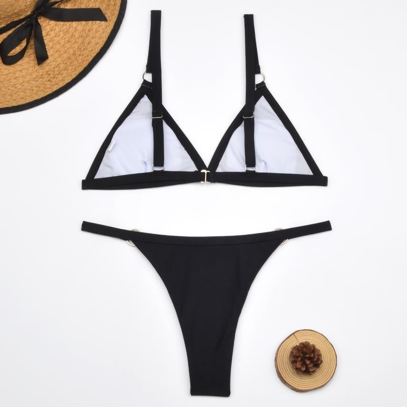 Women's Two-Piece Bikini Swimsuit with Gold Metal Rings and Triangle Cups-The Yellow Prime