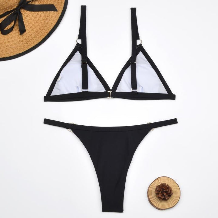 Women's Two-Piece Bikini Swimsuit with Gold Metal Rings and Triangle Cups-The Yellow Prime