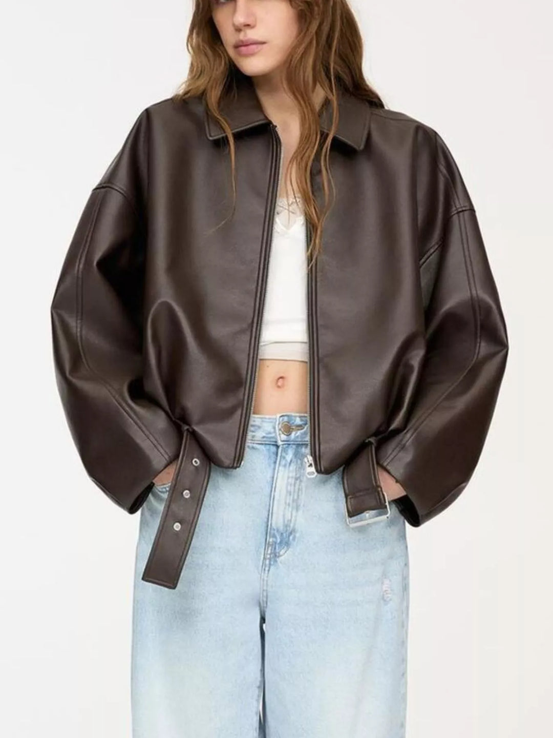Chaqueta elegante de piel sintética con cremallera para mujer, forrada, tallas XS-XL