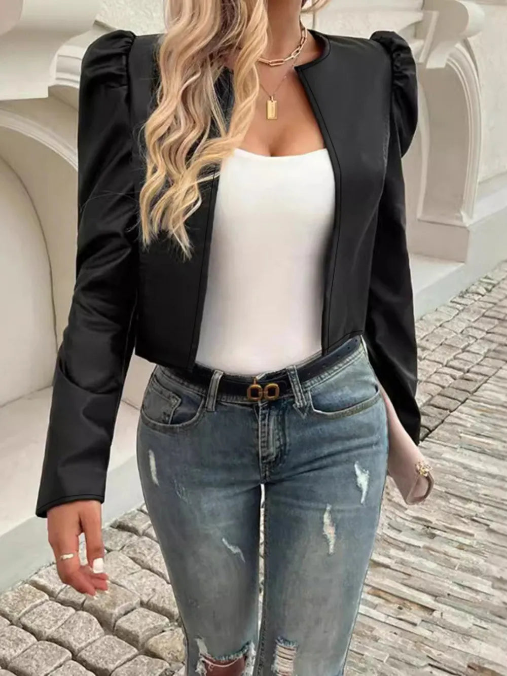 Chaqueta de piel sintética para mujer con parte delantera abierta y mangas abullonadas, tallas S-XL