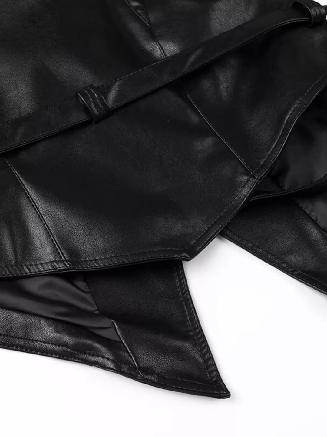 Women's Faux Leather Belted Coat with Shawl Collar, Mid-Thigh Length