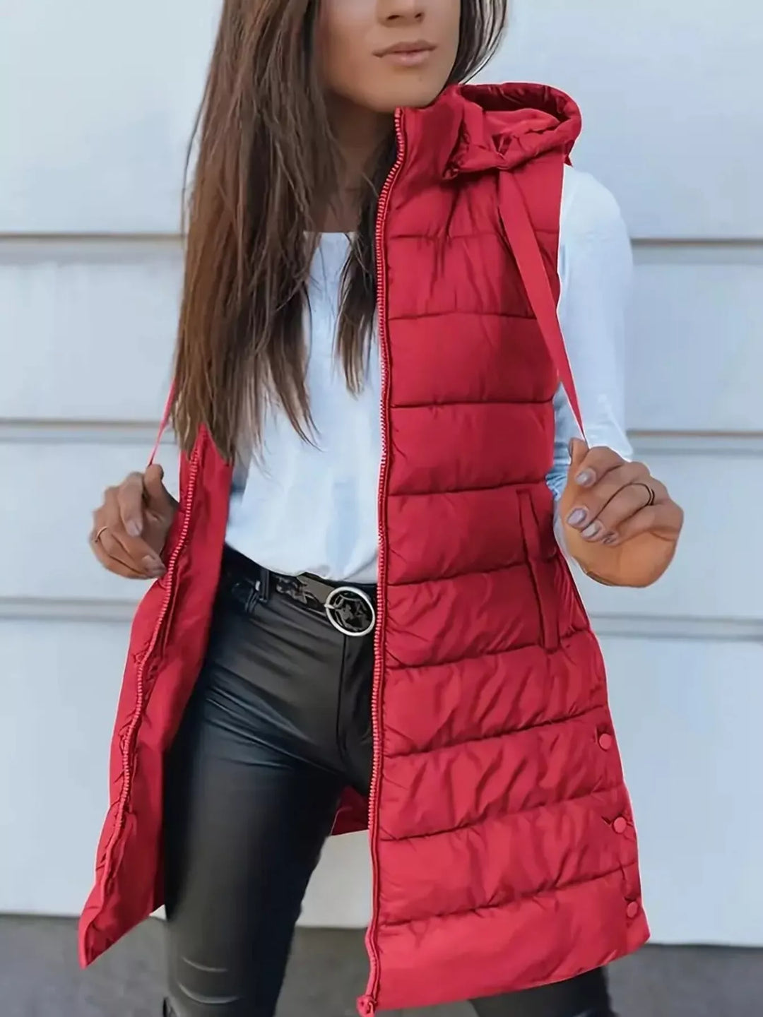 Gilet imbottito lungo con cappuccio da donna, con cerniera, taglie dalla S alla XXL