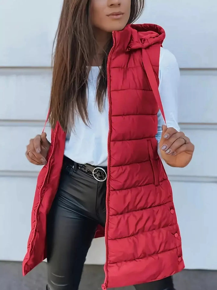 Gilet imbottito lungo con cappuccio da donna, con cerniera, taglie dalla S alla XXL