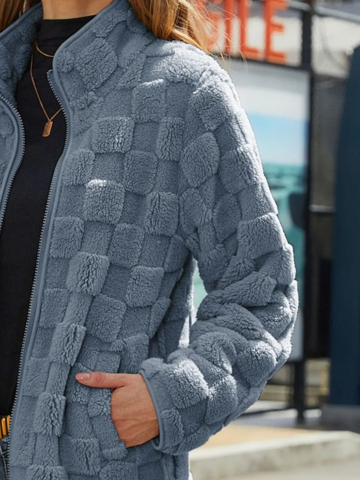 Damska kraciasta kurtka sherpa zapinana na zamek, rozmiary S do 2XL