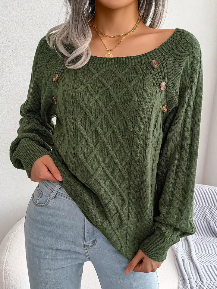 Women's Loose-Fitting Cable-Knit Sweater with Shoulder Buttons