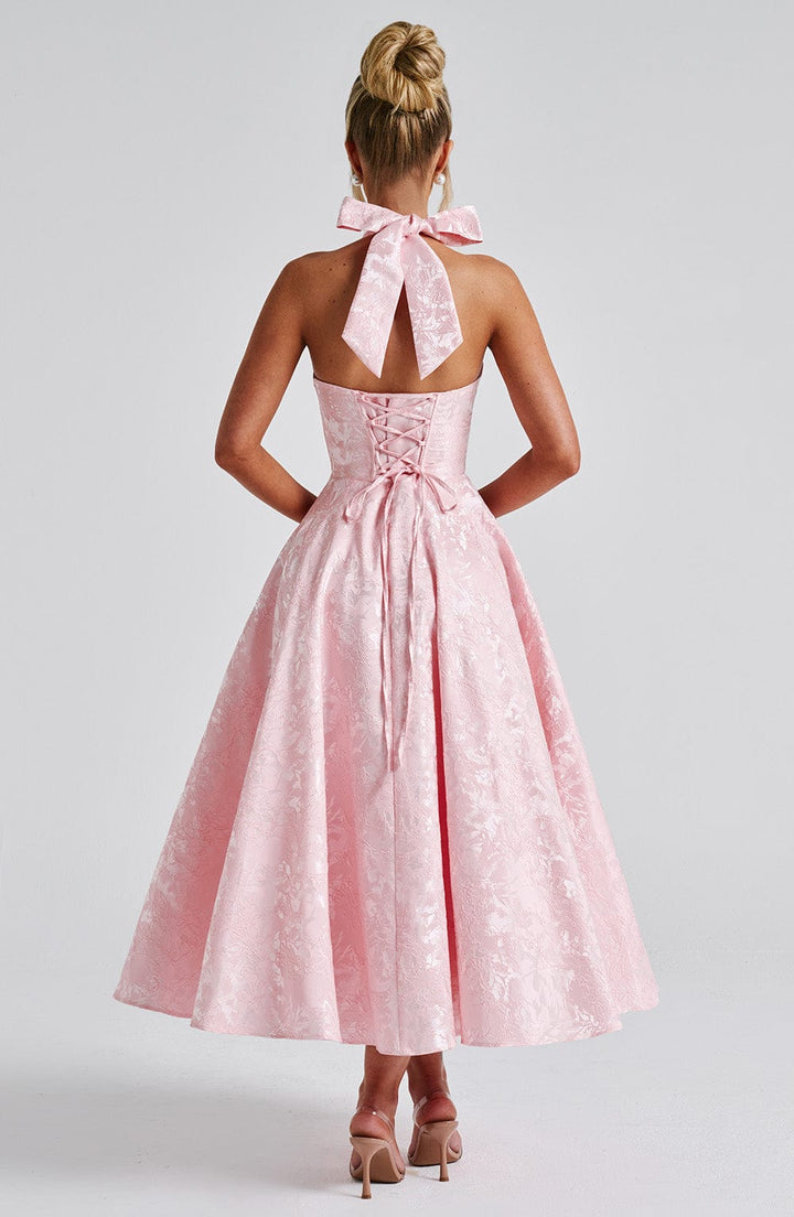 Camilla | Women's Halter Midi Dress for Wedding Guests-The Yellow Prime