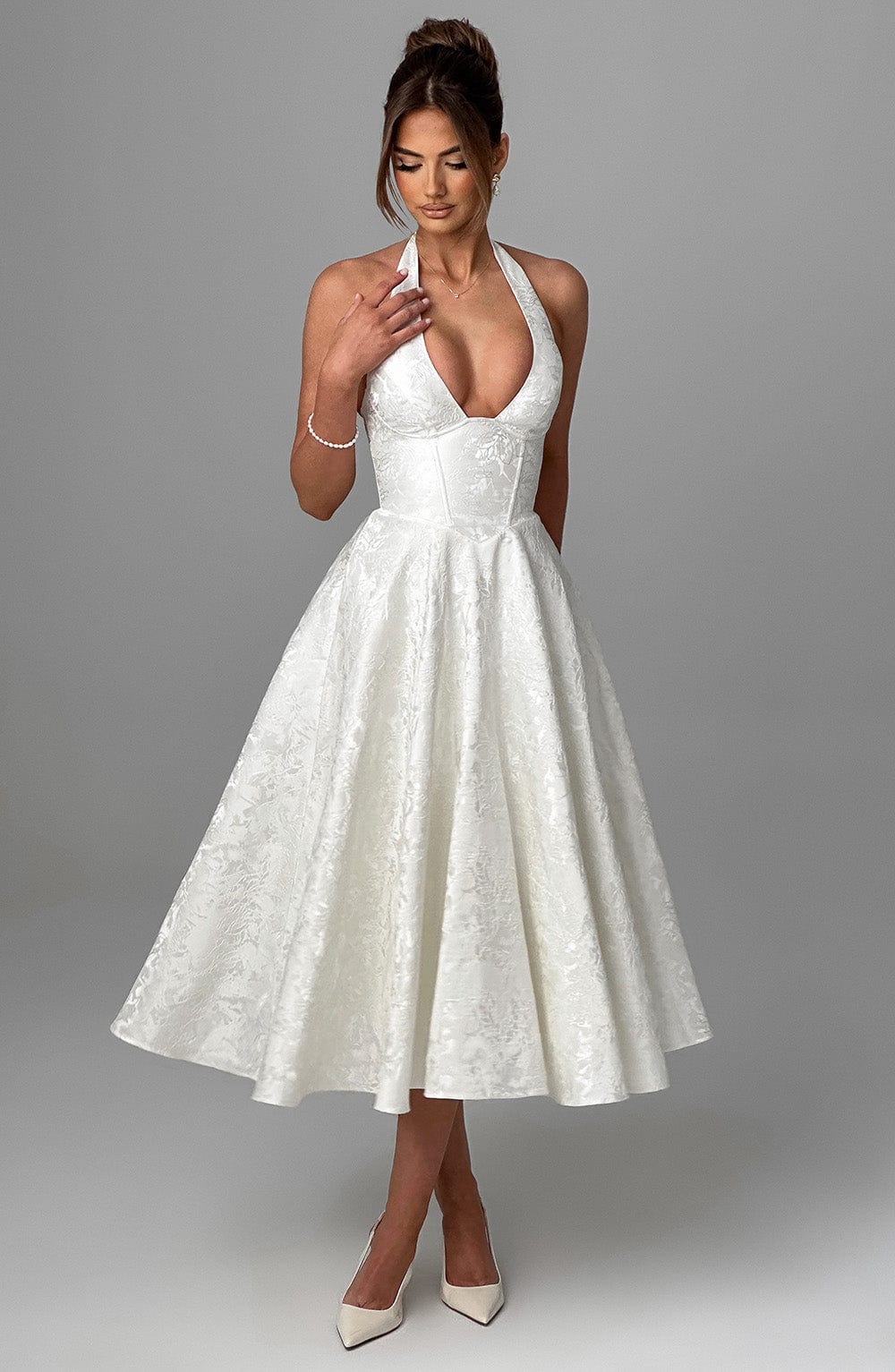 Camilla | Women's Halter Midi Dress for Wedding Guests-The Yellow Prime