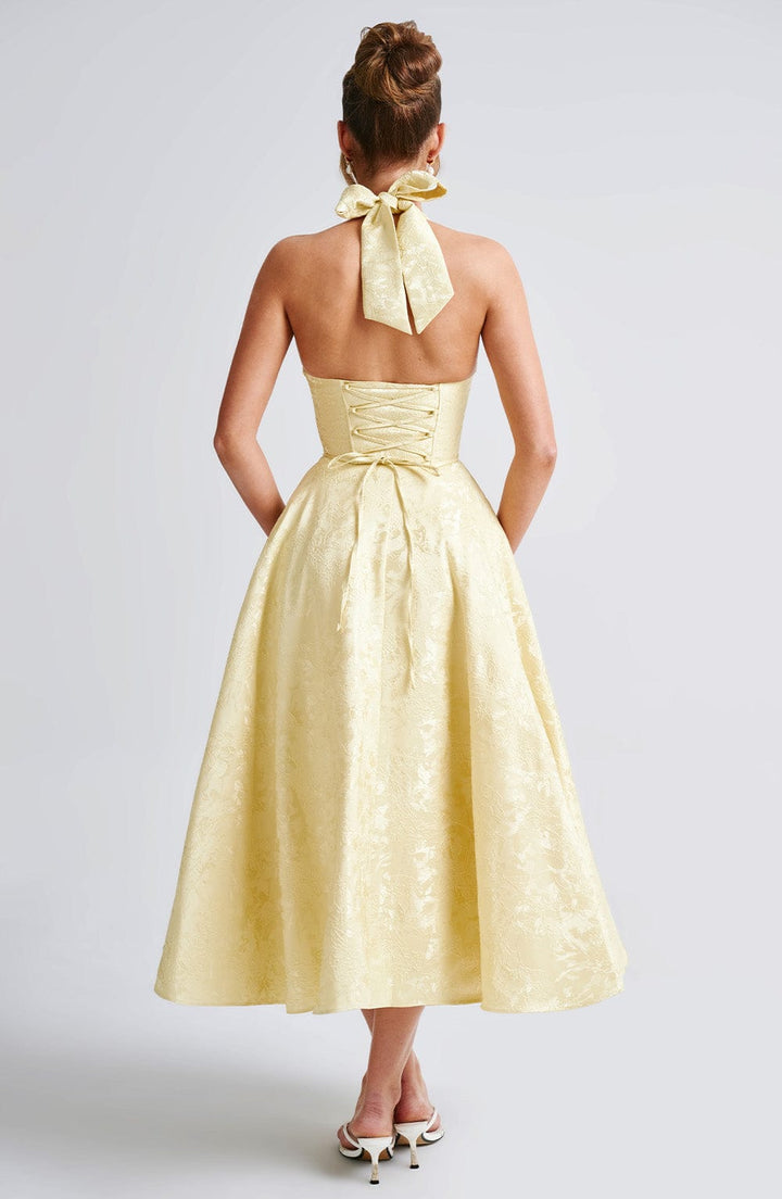 Camilla | Women's Halter Midi Dress for Wedding Guests-The Yellow Prime