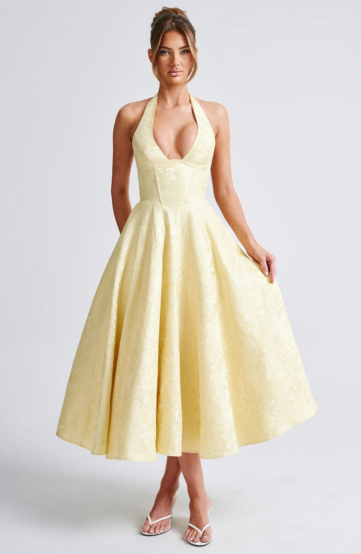 Camilla | Women's Halter Midi Dress for Wedding Guests-The Yellow Prime