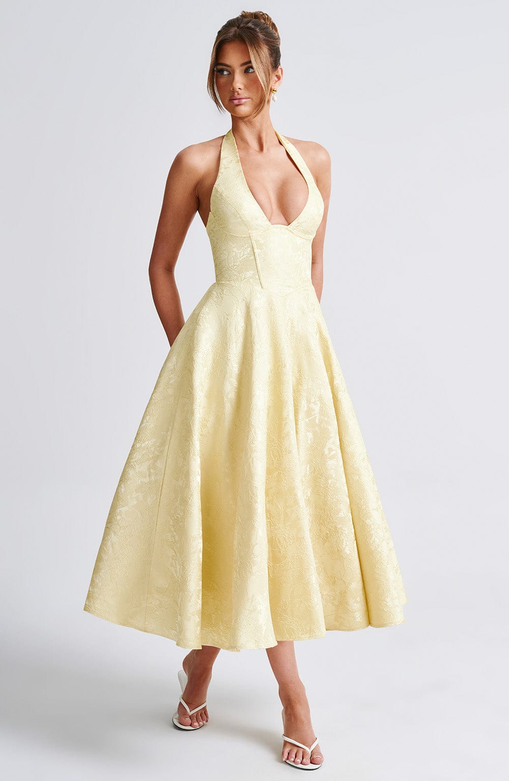 Camilla | Women's Halter Midi Dress for Wedding Guests-The Yellow Prime