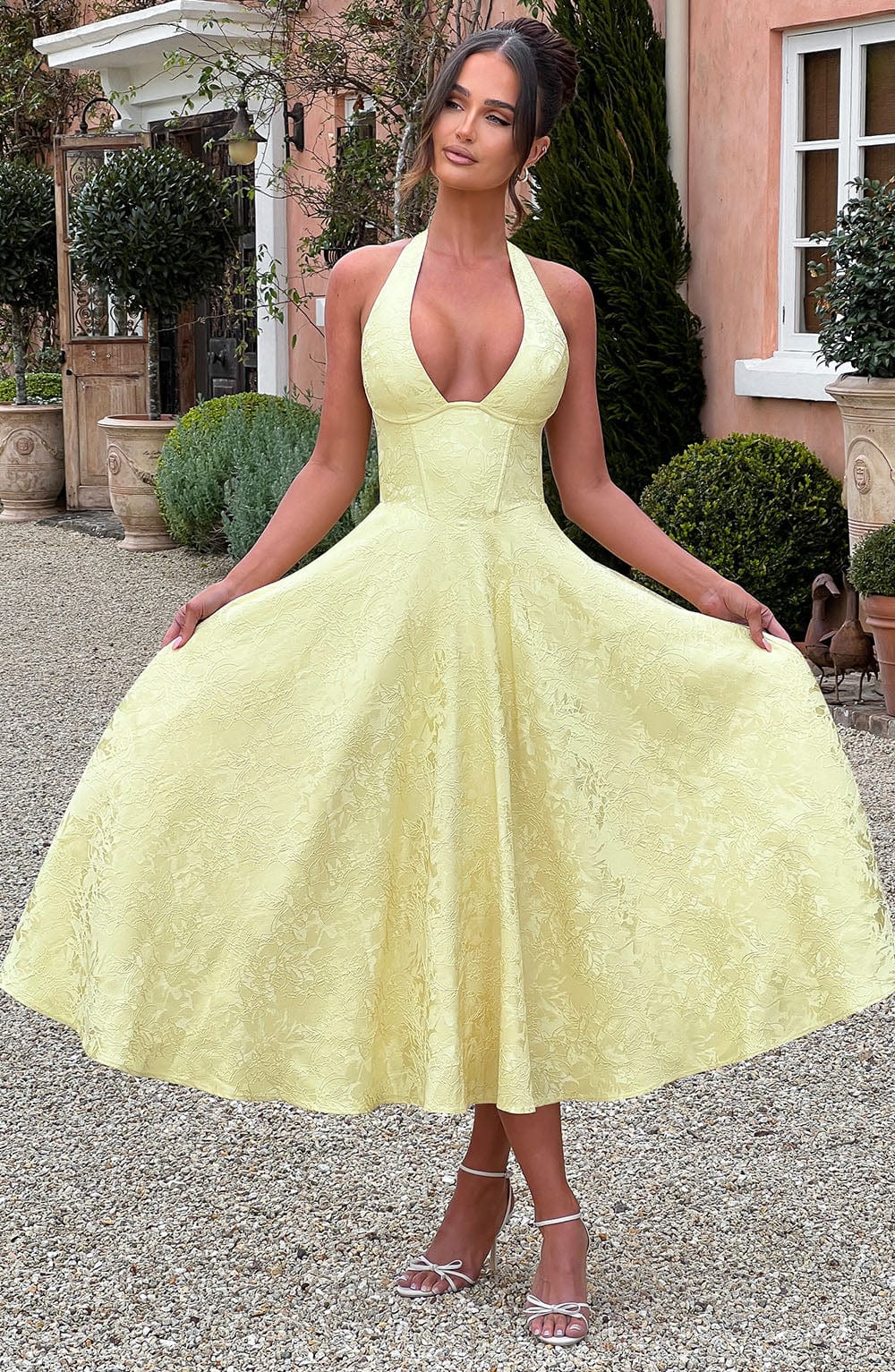Camilla | Women's Halter Midi Dress for Wedding Guests-The Yellow Prime