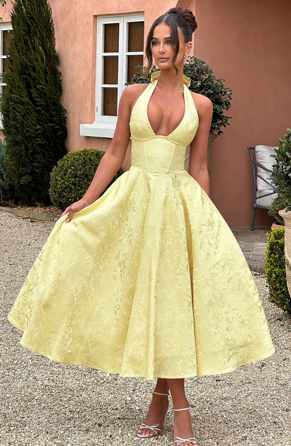 Camilla | Women's Halter Midi Dress for Wedding Guests-The Yellow Prime