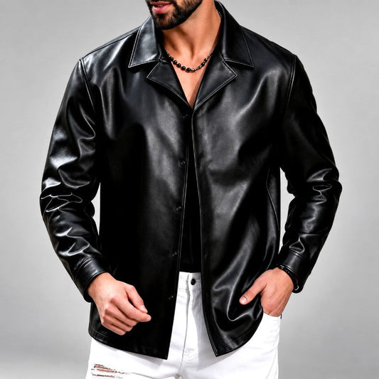 Veste en similicuir pour homme à col à revers cranté