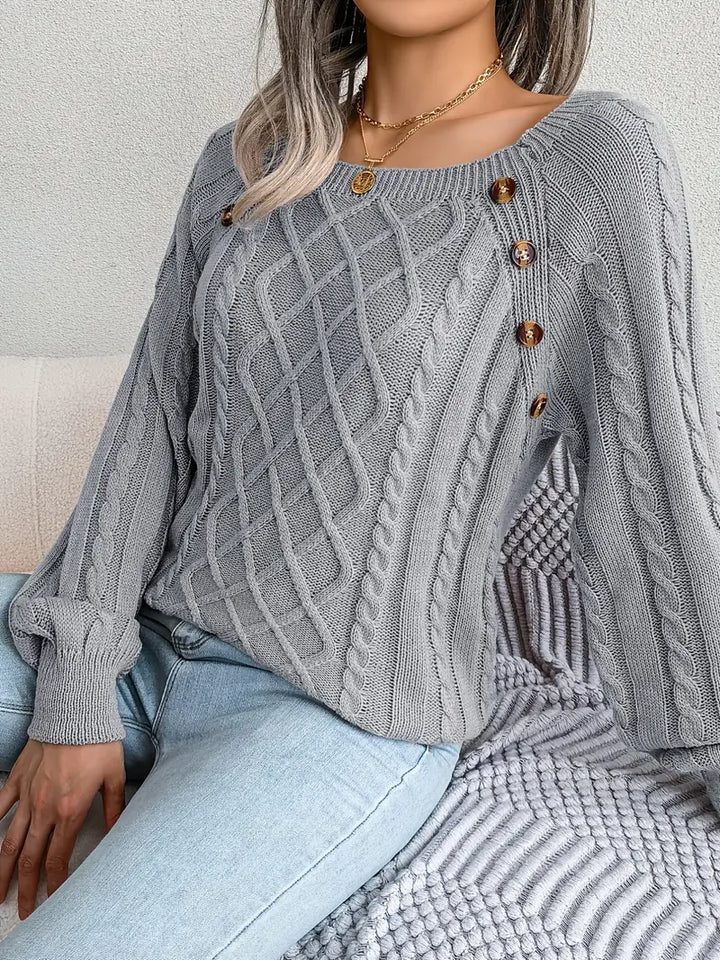 Women's Loose-Fitting Cable-Knit Sweater with Shoulder Buttons