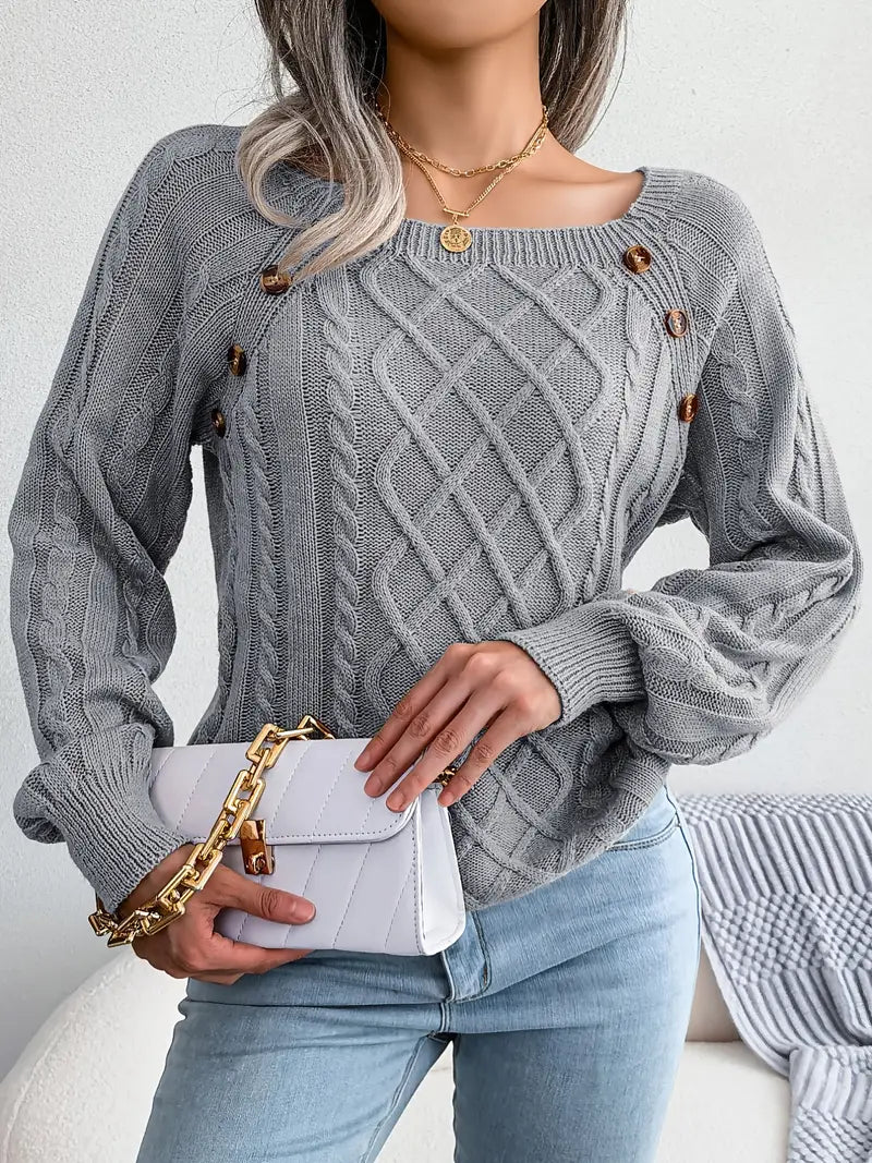 Women's Loose-Fitting Cable-Knit Sweater with Shoulder Buttons