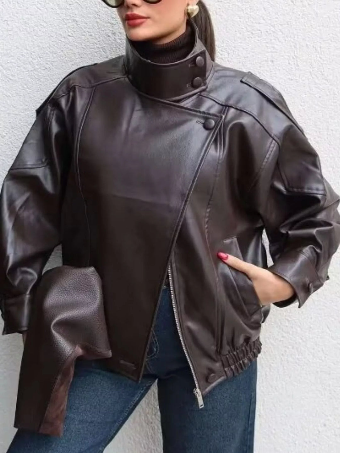 Casaco de motociclista em imitação de pele com bolsos, para senhora, tamanhos XS-L