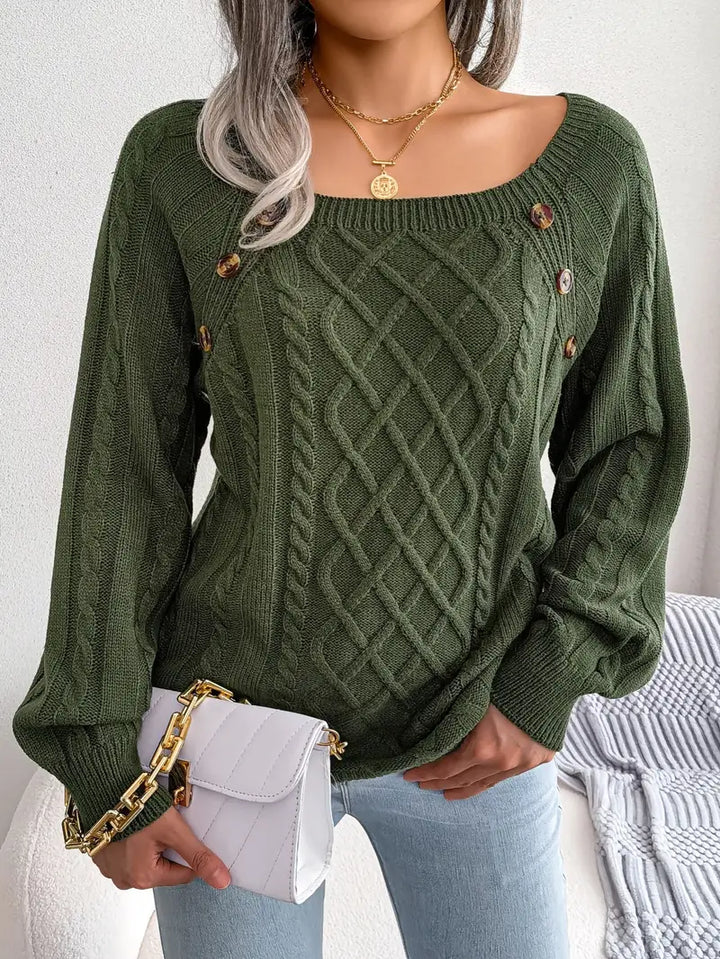 Women's Loose-Fitting Cable-Knit Sweater with Shoulder Buttons