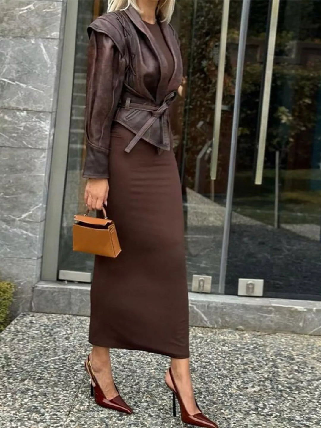 Women's Faux Leather Belted Coat with Shawl Collar, Mid-Thigh Length