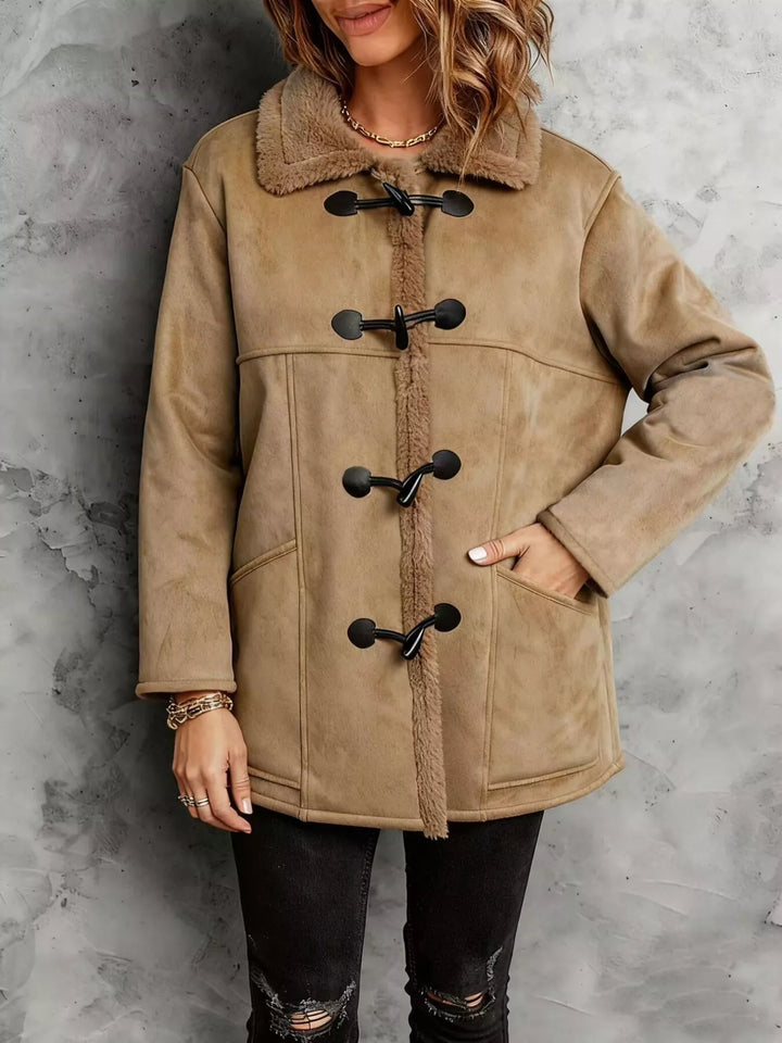 Women's Faux Suede Sherpa Coat with Toggle Front, Sizes S to XL