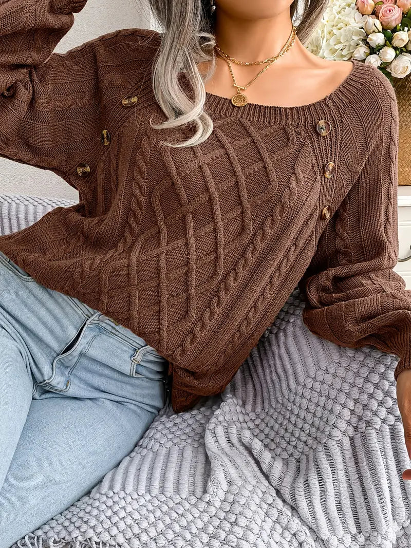 Women's Loose-Fitting Cable-Knit Sweater with Shoulder Buttons